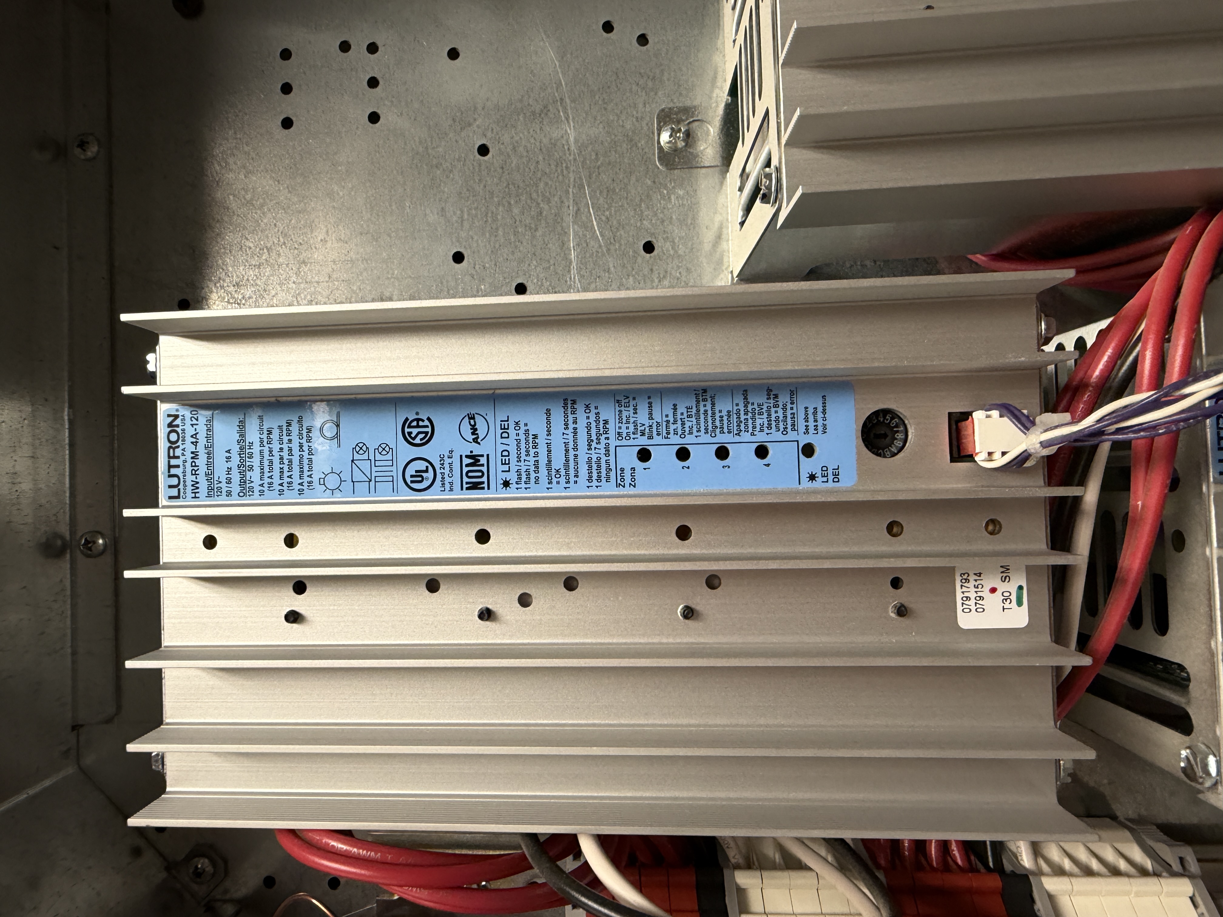 Lutron HomeWorks dimming module with heat sink and blue label