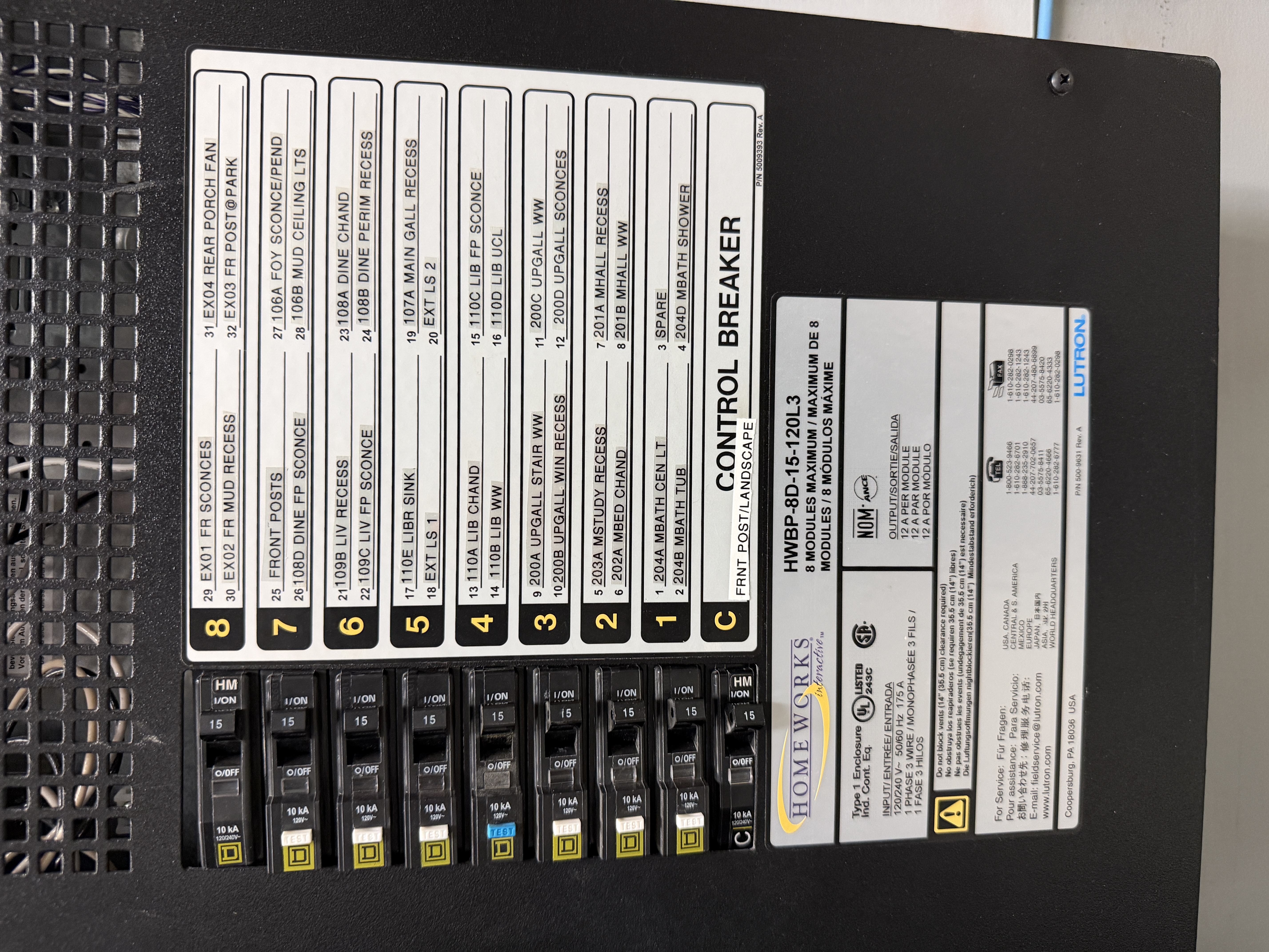 Lutron HomeWorks control breaker panel with labeled zone circuits