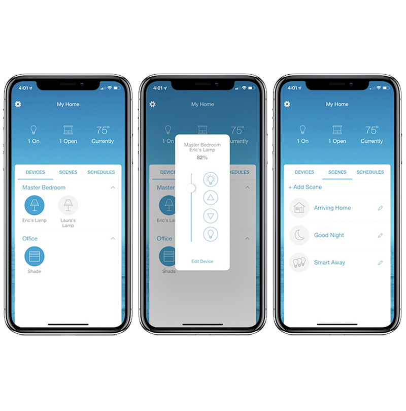 Lutron mobile app showing room controls, shade positions, and lighting scenes on three iPhones