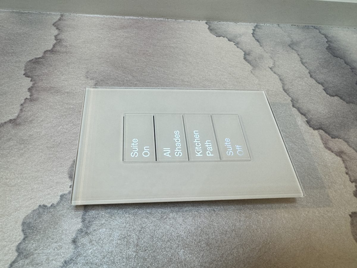 Lutron Palladiom glass keypad horizontal orientation with Suite On, All Shades, Kitchen Path buttons