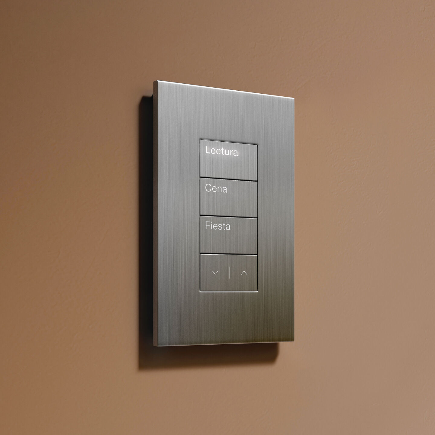 Lutron Palladiom metal keypad in brushed stainless with scene and raise/lower buttons