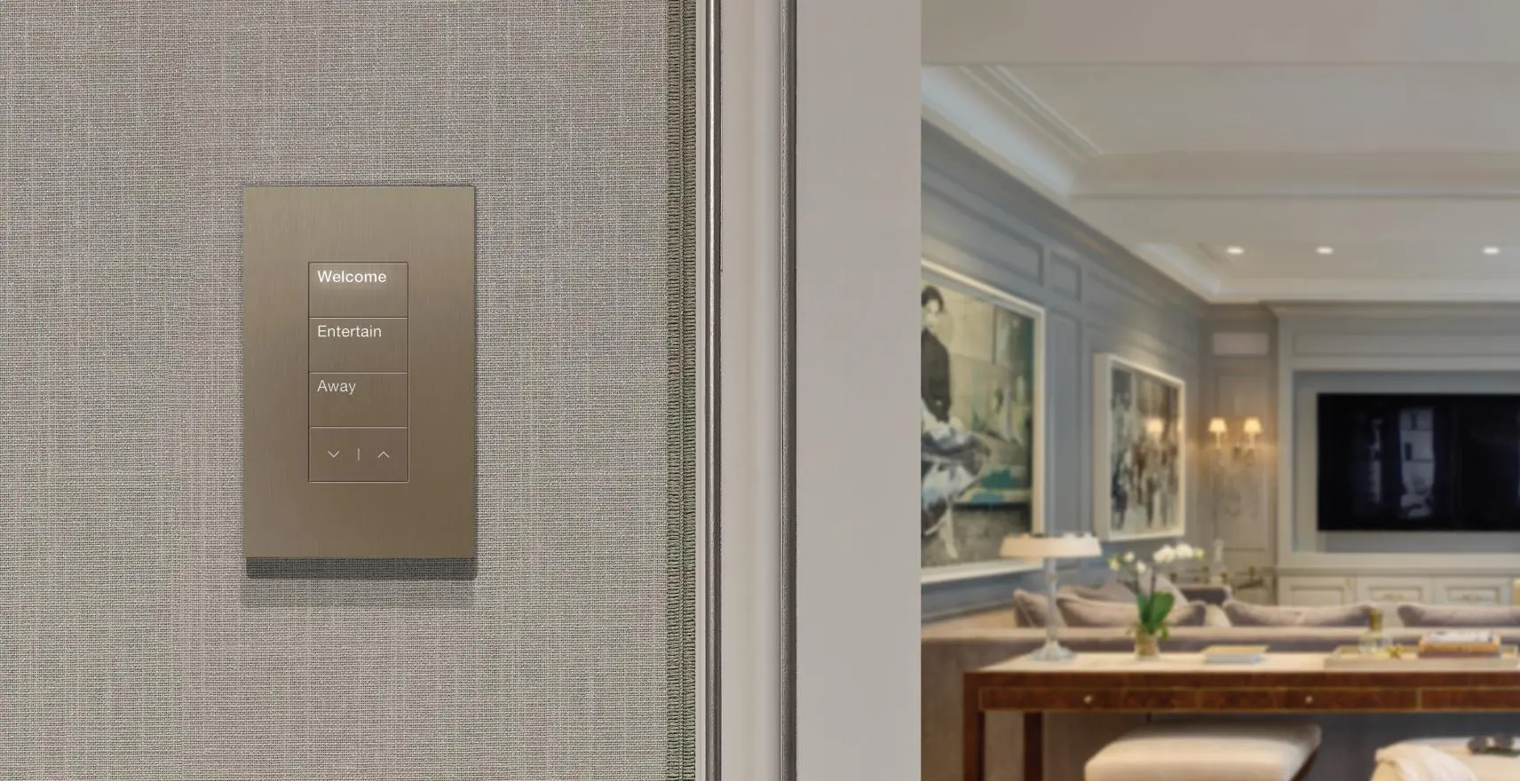 Lutron Palladiom keypad in satin nickel at luxury residence entrance