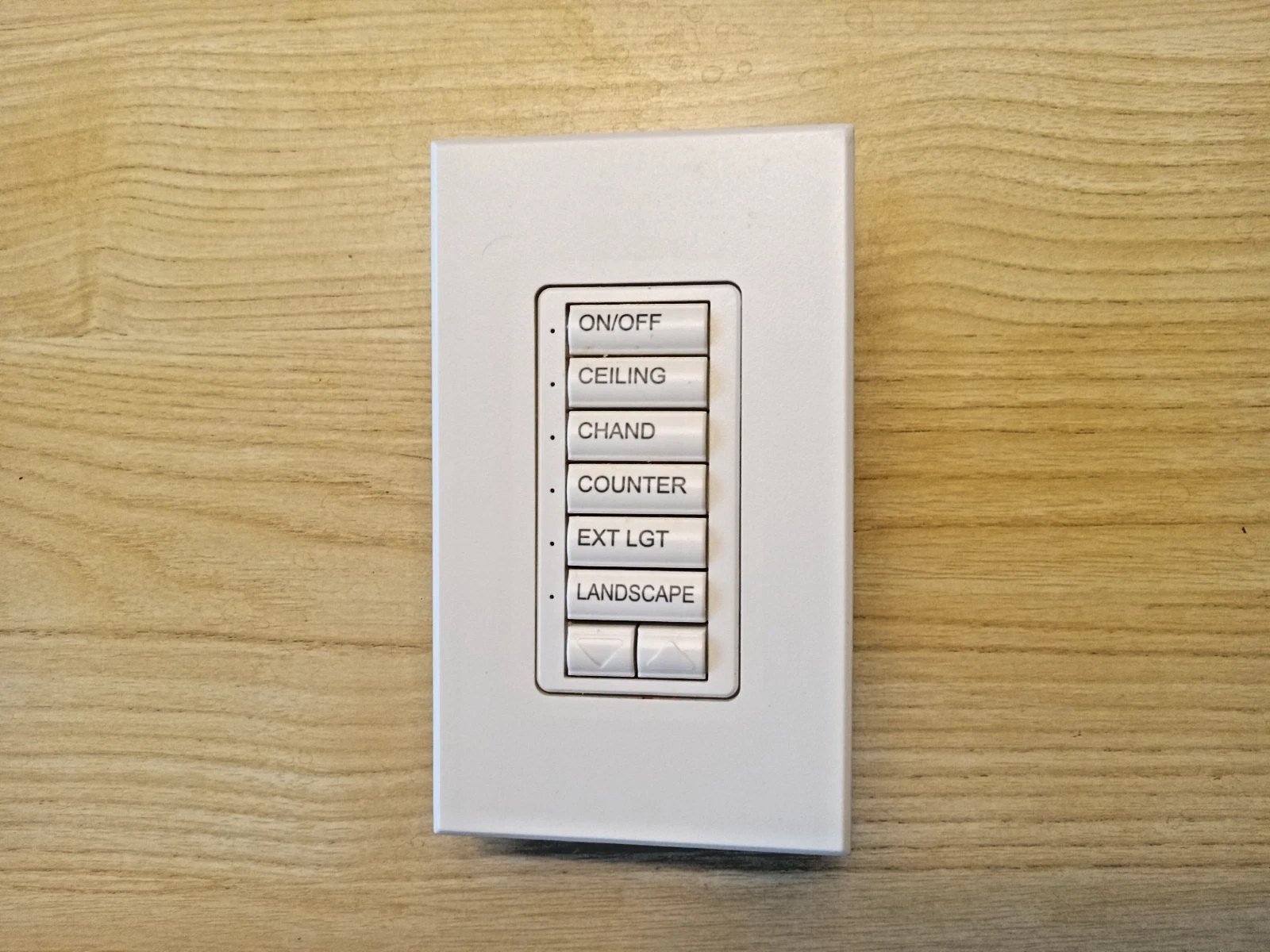 Lutron SeeTouch keypad wall-mounted with scene buttons for ceiling, chandelier, counter, exterior, and landscape lighting